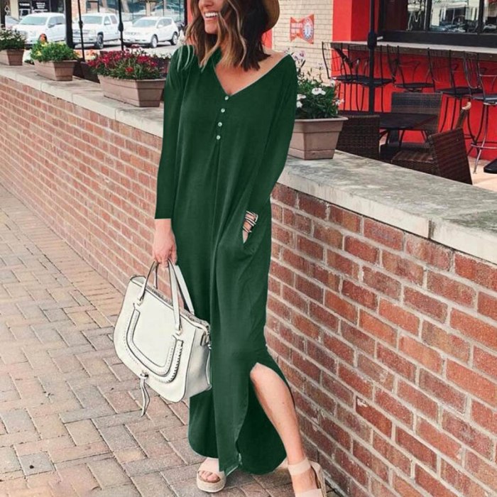 Women Lady Long Sleeve V Neck Buttons Solid Color Dress Fashion for Autumn Winter -OPK
