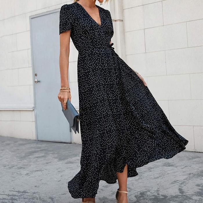 2021 Women Dress Floral Print V Neck Ruffle Hem Short Sleeve Wrap Maxi Dress Streetwear Summer Beach Dresses