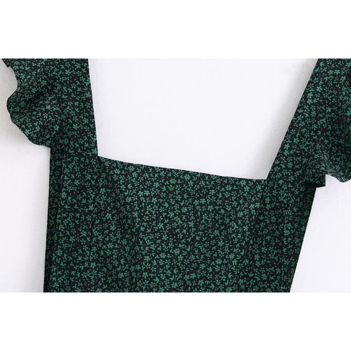 Vintage  Square-cut Collar Floral Pattern Maxi Dress