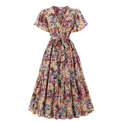 Spring New Floral Print Dress Women Elegant V-Neck Ladies Fashion Long Dress Beach Holiday Dresses SP1276