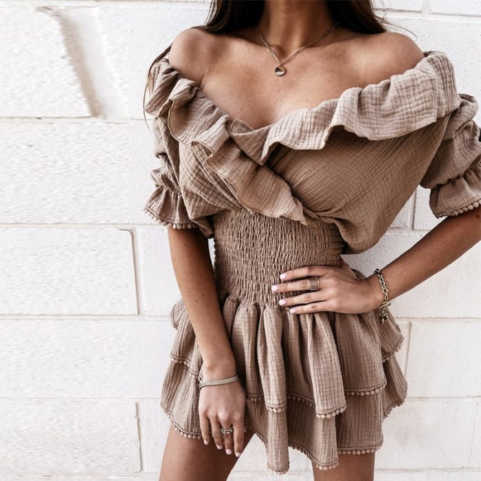 Summer V Neck Off Shoulder Mini Dress Elegant Ruffle Short Sleeve Party Dress Fashion Solid Elastic Waist Slim Dresses Vestidos