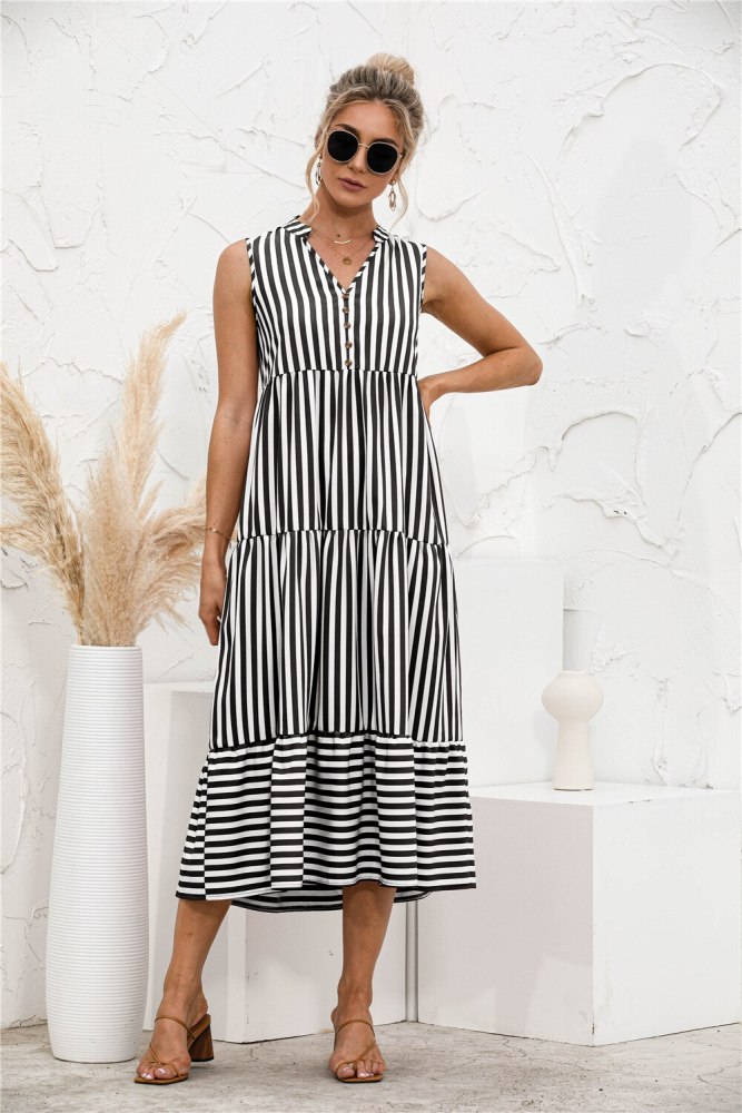 Summer Women's Dresses Fashion Printing Stripe V Neck Casual Loose Button Type Stitching Ruffled Sleeveless Ladies Dresses 2021