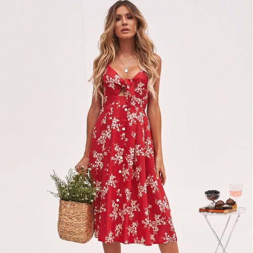 Summer Dress 2021Casual Flower Print Floral Slip Sundresses Backless Midi Red Dresses