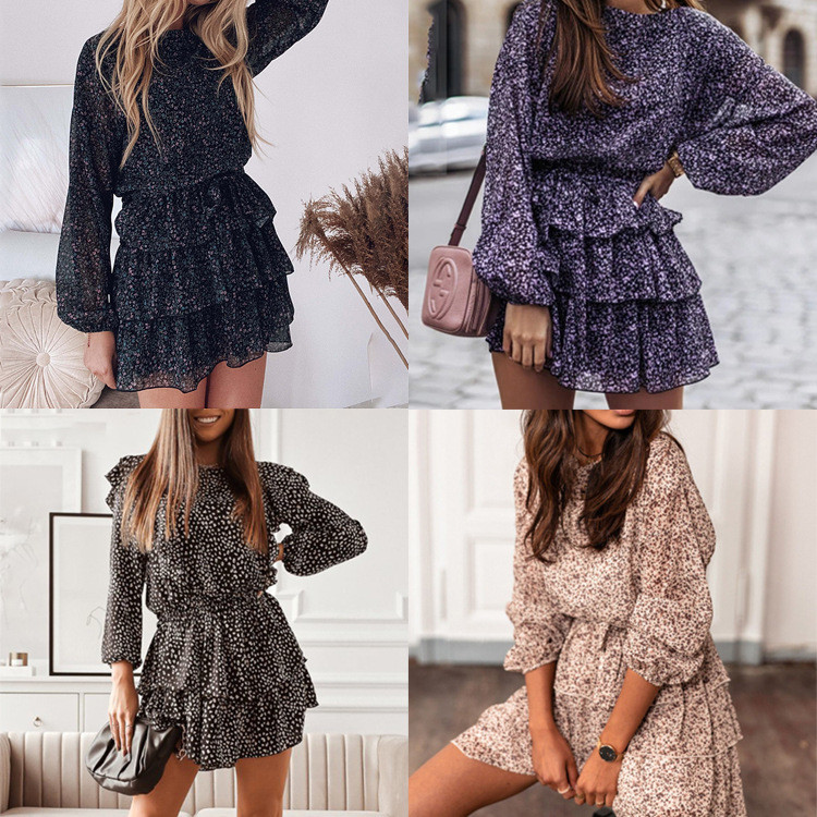 Women Floral Print Dress Elegant Lantern Sleeve Casual Ruffles Dress Office Lady Purple Black Dress Mini Party Vestidos