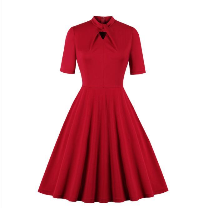 Retro Vintage Red Rockabilly 50s Casual Dresses Cotton 2021 Short Sleeve Bow Neck Solid Color Office OL Work Summer Swing