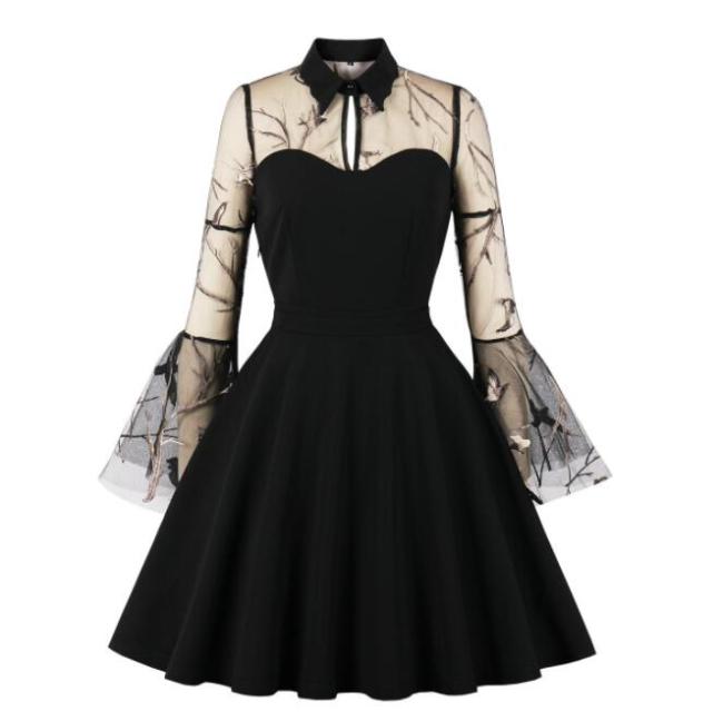 Tonval Turn-Down Collar Mesh Long Sleeve 3D Butterfly Vintage Mini Dress Spring Autumn Women Halloween Party Elegant Dresses