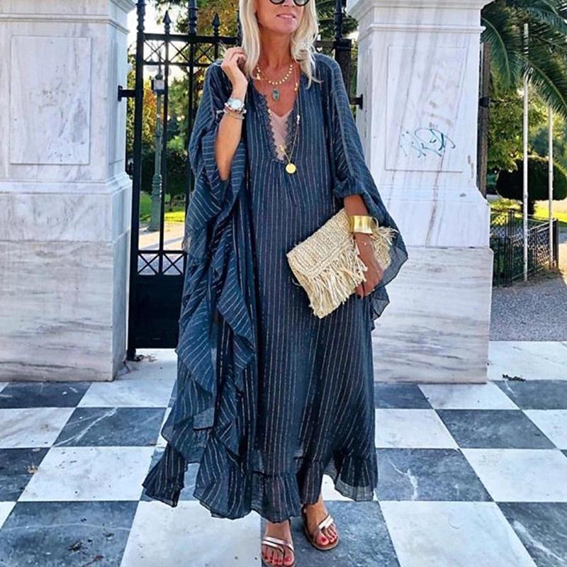 Casual Stripe Bracelet Sleeve Loose Vacation Maxi Dress