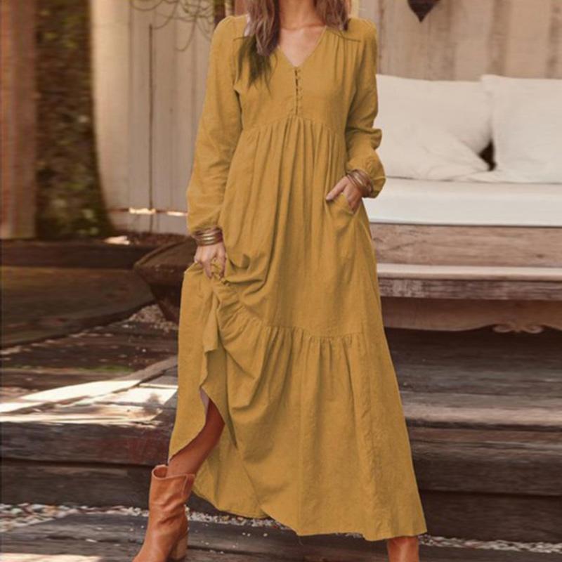 Casual Cotton And Linen Retro Casual Long Sleeve Vacation Maxi Dress