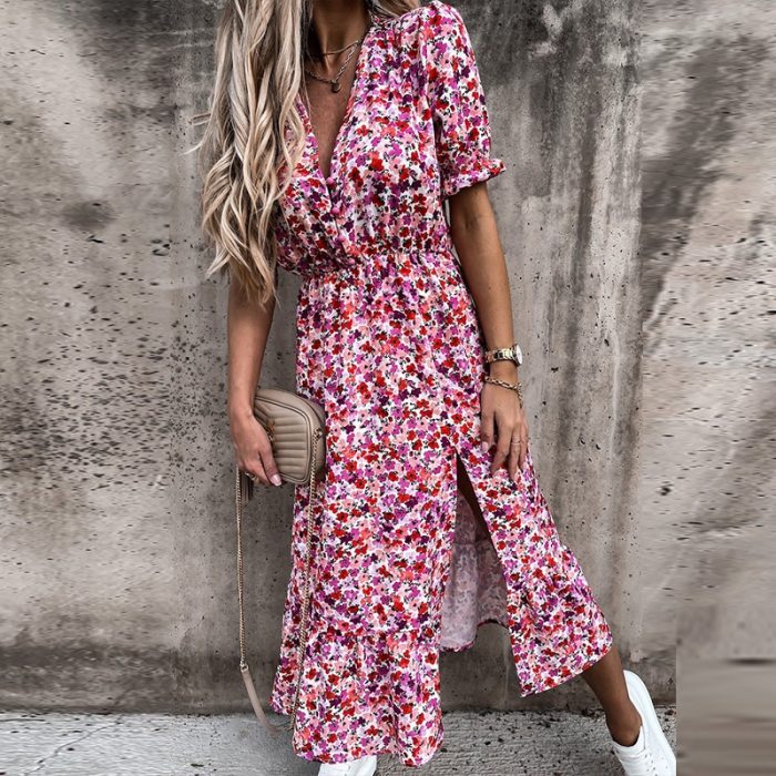 Summer New arrival Floral Pattern Slim Dress Casual Short Sleeve High Waist Dresses Female Sexy V-Neck Outdoor Colorful Dresses