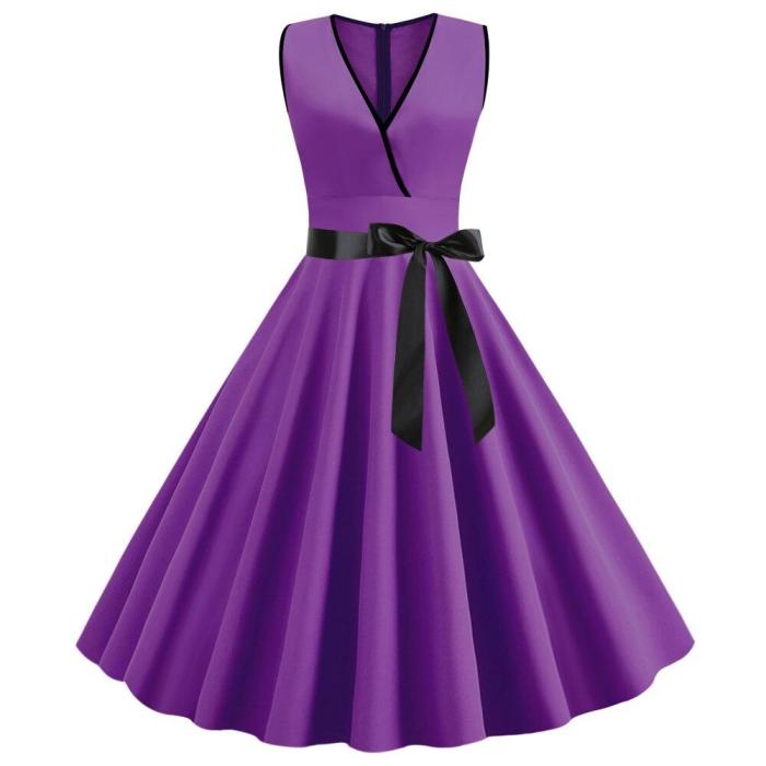 Womens Summer Dress 2020 Solid Color Purple V neck Sleeveless Knee-Length Pinup Vintage Dresses A-Line with Bow Belt
