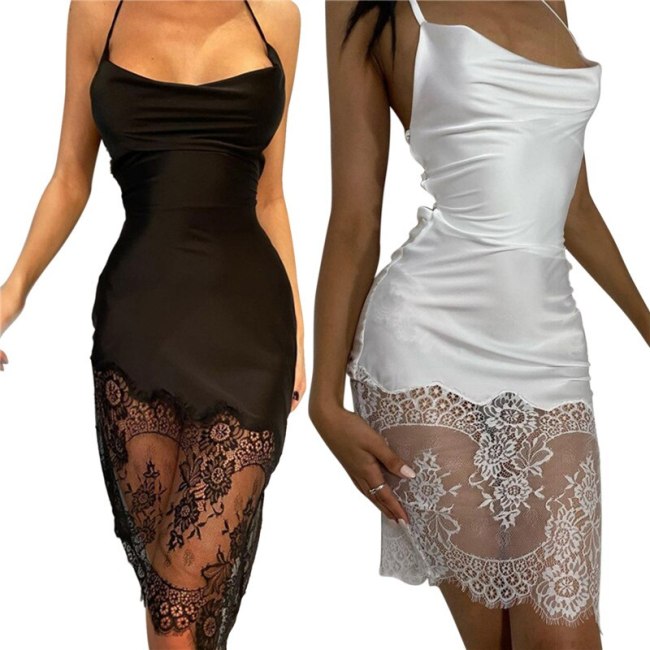 New Women's Slim Fit Suspender Dress Sexy Solid Color and Mesh Patchwork Halter Sling Dress s Club Party Wear