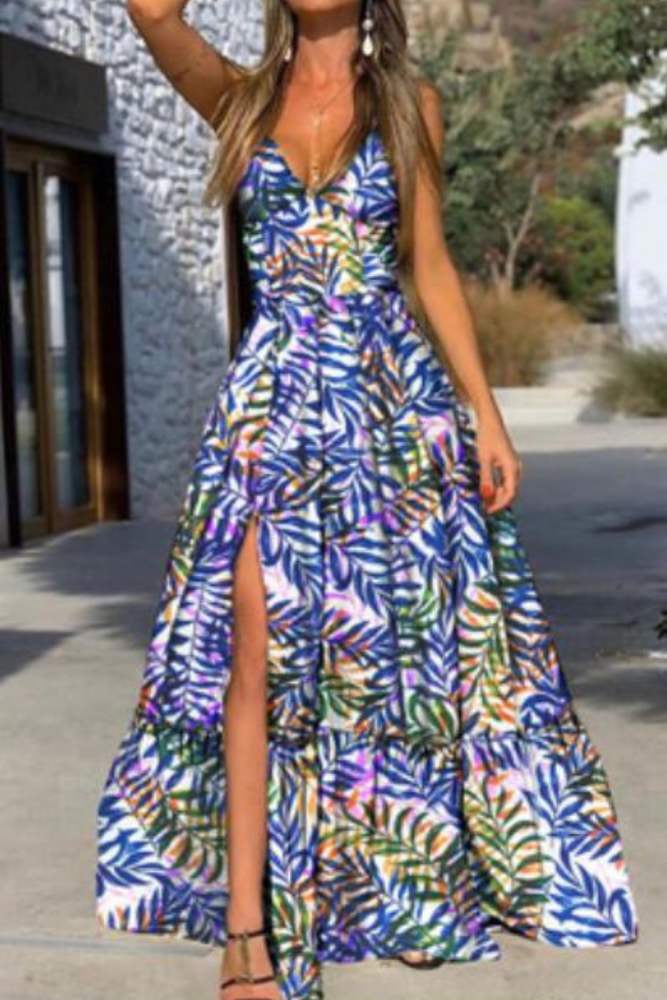 Women spaghetti strap deep v-neck high waist slit long dress 2021 Summer leaf printed maxi dresses for women Casual vestidos