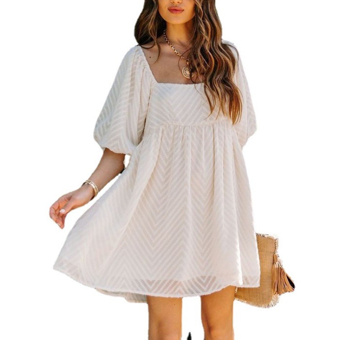 Summer Hot Selling Chiffon Short Sleeves Square Neck White Elegant Dress Mini Loose Dress Beach Style