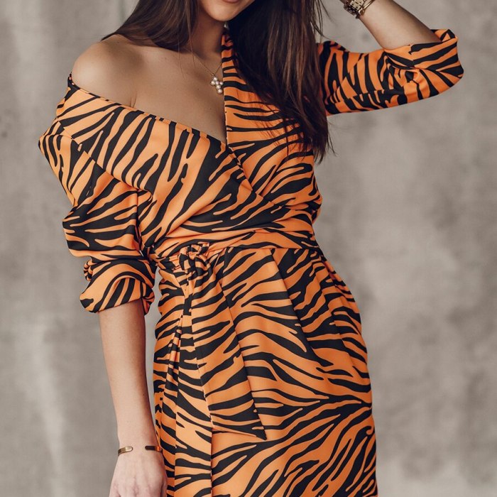 Loose Zebra Pattern Dresses for Women Sexy V-neck Casual Lace-up Pullover Dress Autumn and Winter 2021 New Womens Clothing
