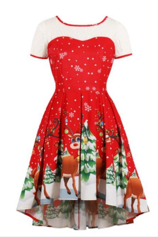 Christmas Costume for Women Fashion Christmas Print Lace Short Sleeve Vintage Gown Evening Party Dress Disfraces