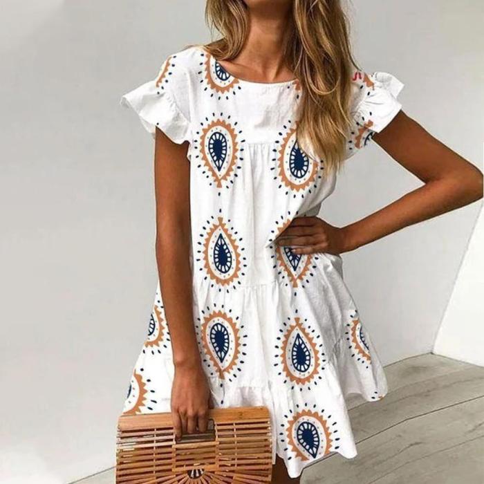Chic Round Neck Printed Vacation Dress