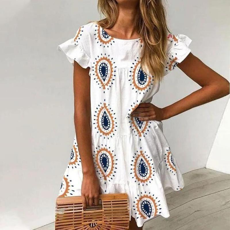 Chic Round Neck Printed Vacation Dress