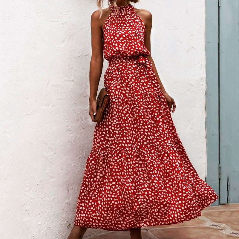 Women Dress Long Print Flowers Polka-dot strap Ladies Halter Boho Maxi Dress