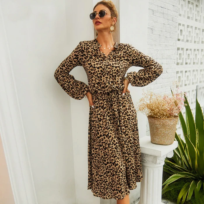 Fashion Leopard Long Sleeve Dress Women Summer Spring Vintage White Green Slim Elegant Midi Dresses