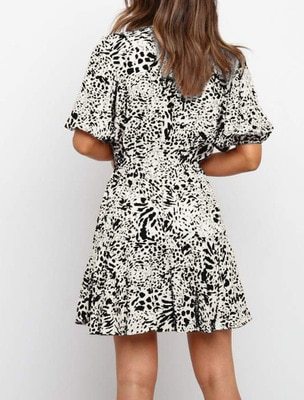 Fashion Woman Summer A-Line Lace Up Short Sleeves Dress Patchwork Mid Waist V-Neck Short Sleeve Print Slim Pullovers Mini Dress