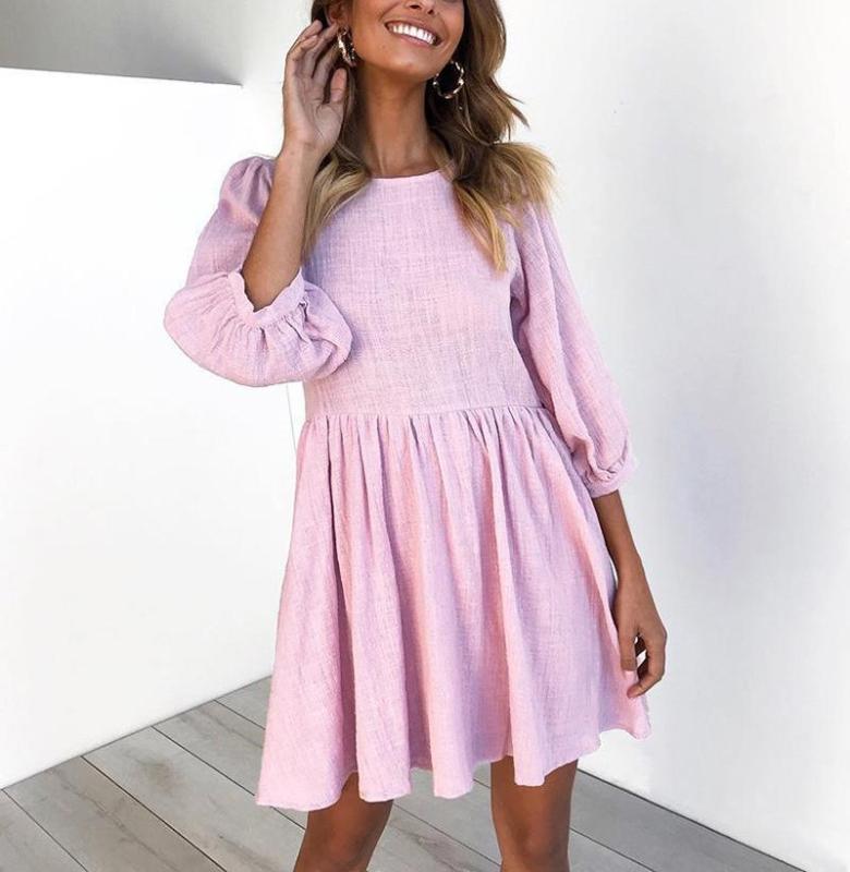 Casual Loose Round Collar Pleated Hemline Pure Color Mini Dresses