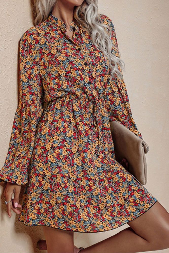 Orange Vintage Floral Print Women Summer Dress 2021 Casual V-neck Long Sleeve A-line Chiffon Beach Mini Dresses Vestidos