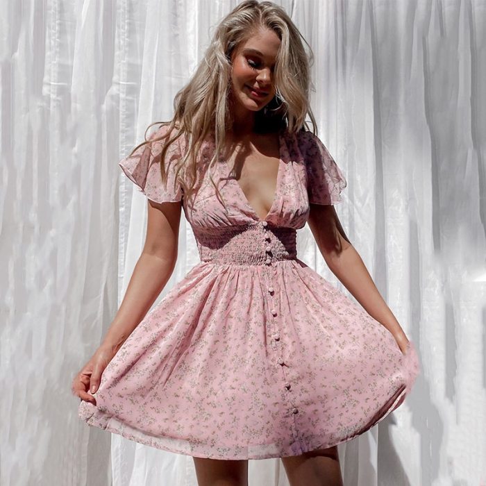 Elegant V Neck With Button Floral Print Mini Dress HIght Waist Ruffled Ladies Vintage Vestido Spring Summer
