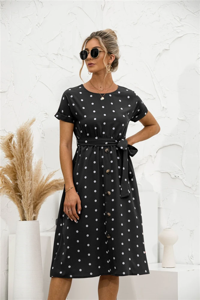 Women Summer Beach Chiffon Dress Casual Short Sleeve Polka Dot Dress Midi Dress Femme Vestidos Elegant O Neck Sundress With Belt