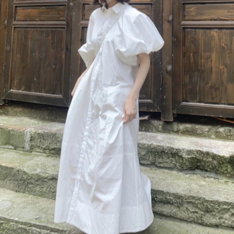 Dress Puff Sleeves Short Sleeves A-line Dress Button Maxi Length Ladies Fashion Dressing Casual Ankle-Length 2021 New Style