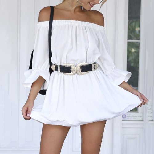 White Casual Off Shoulder Half Sleeves Mini Dress