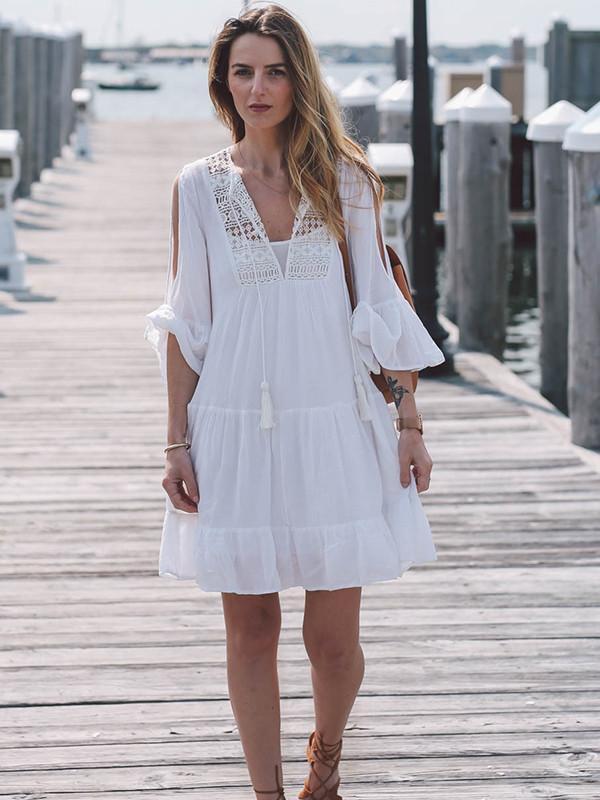 White 3/4 Trumpet Sleeves Mini Beach Dress
