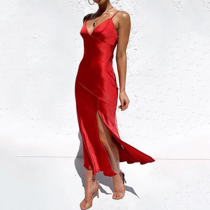 Sexy V-neck sling solid color holiday dress