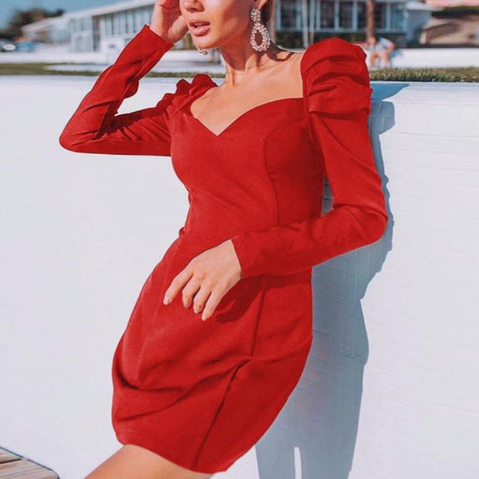 Puff Sleeves And V-neck Solid Color Bodycon Dresses