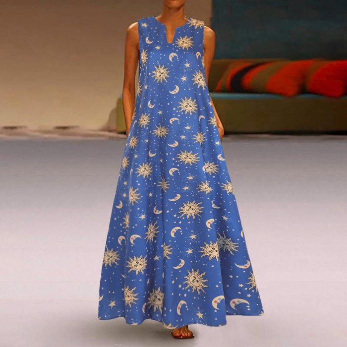 Women Summer Dress Plus Size Sun Stars Moon Print Sleeveless Vintage Bohemian V Neck Maxi Dress