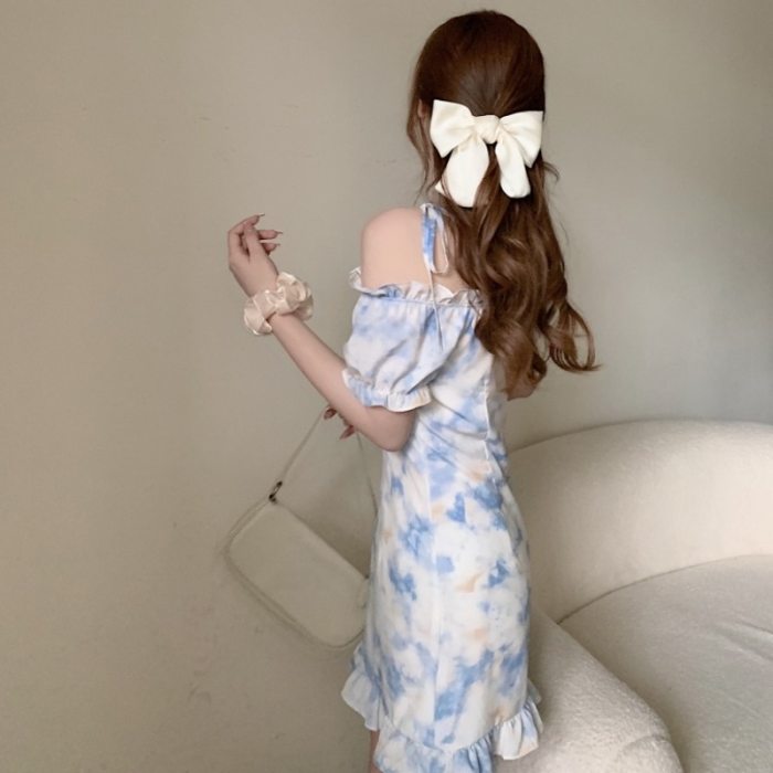 Korean Tie Dye Dress Women Summer 2021 New Slash Collar Strapless Puff Sleeve Slim Printed Short Dress Sweet Elegant