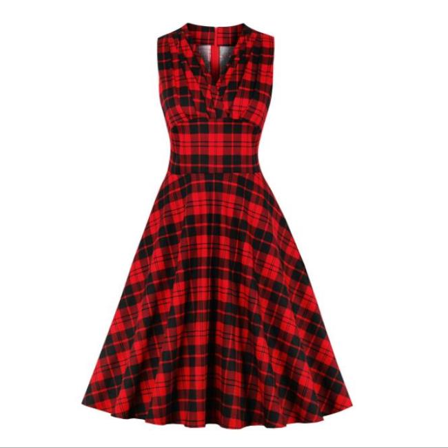 Tonval Women High Waist Red Plaid Vintage Ruched A Line Dress Female Sleeveless V-Neck Wrap Elegant Midi Dresses