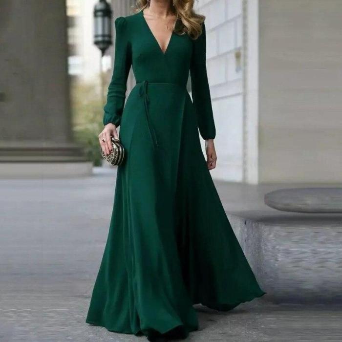 Women Sexy Formal Maxi Dress V Neck Long Sleeve Solid color Bandage Office Ladies Evening Party Prom Gown