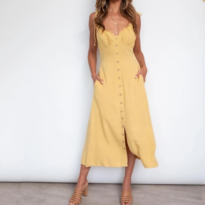 Casual Solid Yellow Boho Beach Style Midi Dress Women Summer Sundress Backless Holiday Elegant Loose Midi Dress Vestido De Mujer