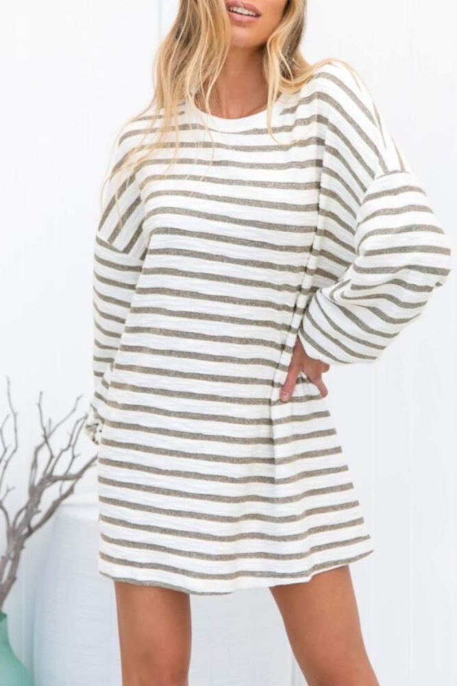 Vintage Striped Women Dress Casual Loose O-Neck Long Sleeve Spring Autumn Lady Dresse