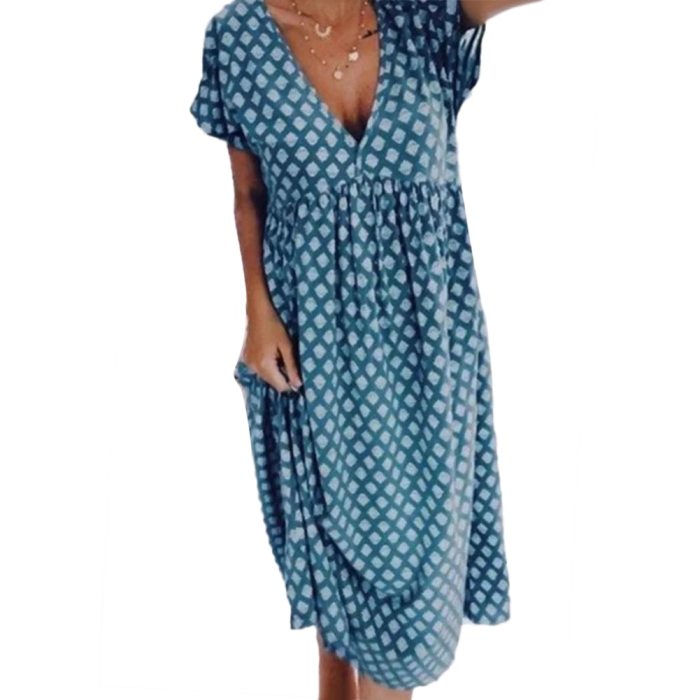 Summer Women Long Dress Boho Short Sleeve Deep V Neck Geometric Print Large Hem Loose Midi Dress