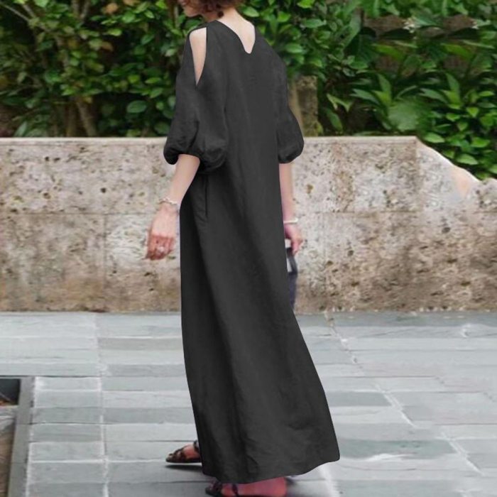 Women Summer Dress Round Neck Back V-neck Puff Sleeve Maxi Length Short Sleeve Ladies Fashion Plain Fall Cute Long Casual Dress