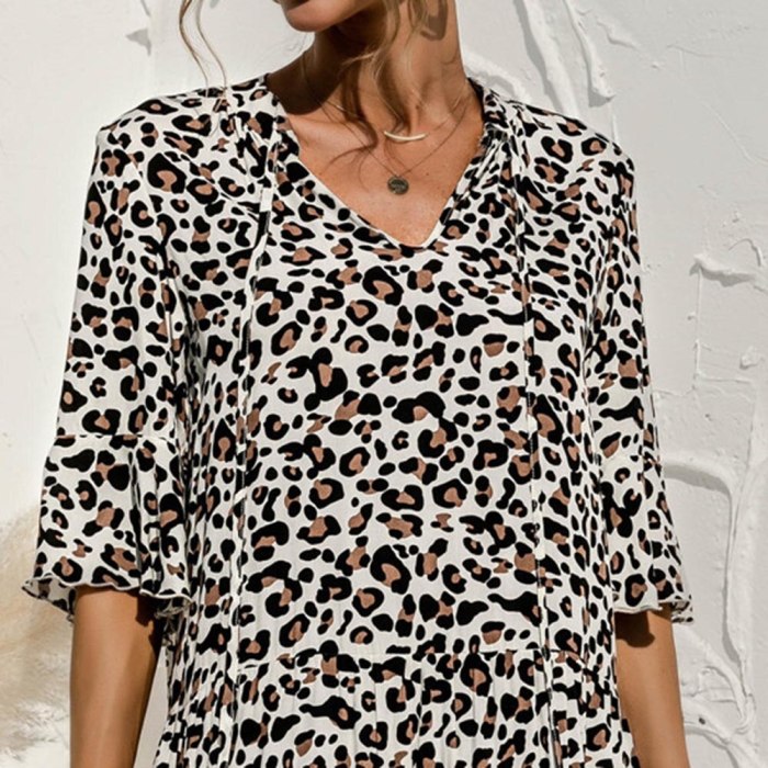 Casual Women Summer Mini Dress Strappy Half Sleeve V Neck Leopard Dresses Elegant Solid Print Ruffles Clothing