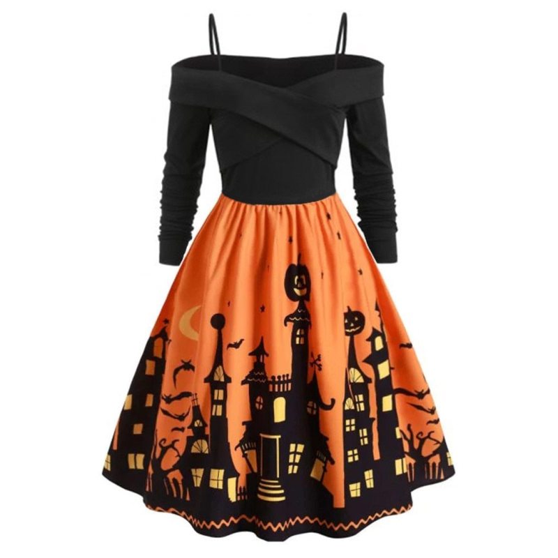 Women Pumpkin Party Print Dress Halloween Long Sleeve V Neck Vintage Casual Plus Size Vintage Dresses
