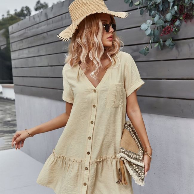 Spring New Solid Short Dress Women Casual V Neck Single Breasted Summer Dress Ladies Loose A Line Dresses