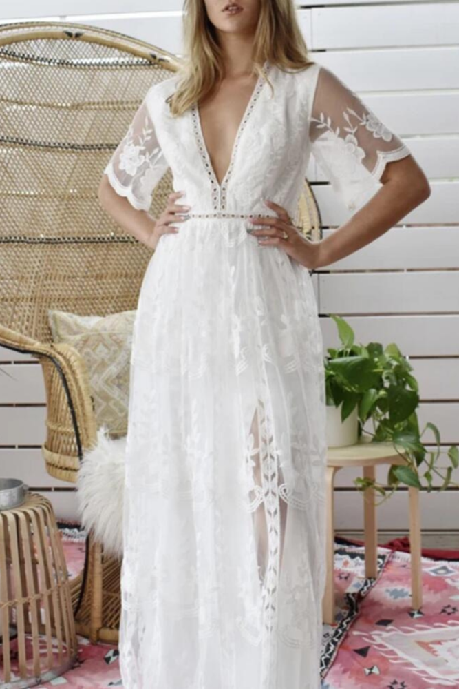 Bohemian Sexy White Lace Long Dresses 2021 Women Short Sleeve V-Neck Summer Beach Dress Casual Elegant Maxi Party Dress Vestidos