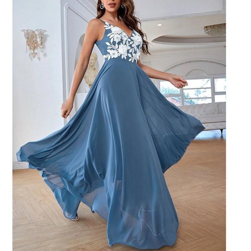 Elegant Lace Flower Applique A-line Party Dress Summer Spaghetti Strap Blue Maxi Dress Sexy V-neck Party Night Dresses for woman