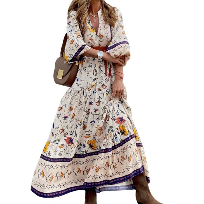 Long Sleeve Vintage Dresses Bohemian A-Line Casual V Neck Women Maxi Dress Spring Summer Vacation Holiday Loose Sundress 2021