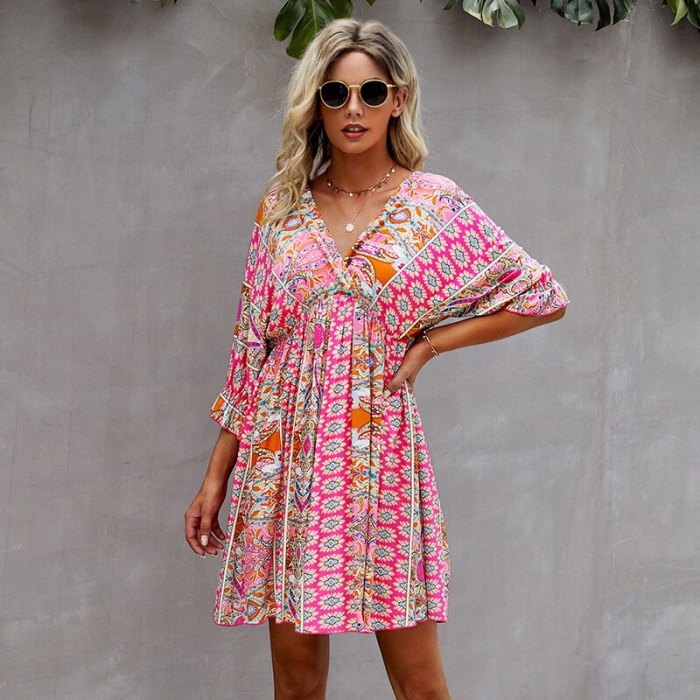 Summer Print Dress For Women 2021 New Casual V Neck Half Sleeve Ladies Fashion Knee Length Sexy Slim Floral Dresses