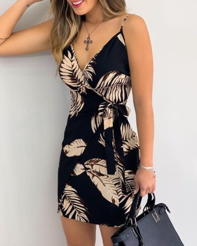 Tropical Print V-Neck Wrap Casual Dress Women Sleeveless Summer Holiday Mini Dress