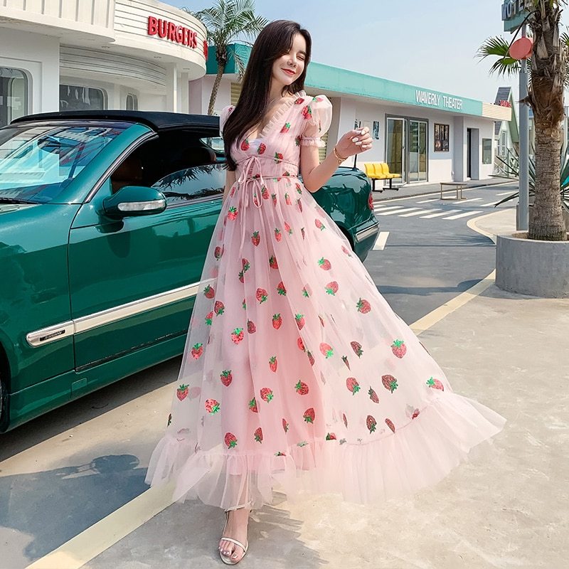 Sweet Strawberry Sequined Embroidery Cascading Ruffle Maxi Dress Women Summer V-neck Puff Sleeve Bow Pink Tulle Mesh Long Dress